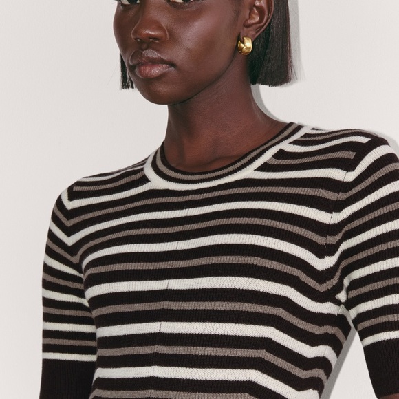 EVERLANE - Ribbed Taupe Canvas Black Stripe Short Sleeve Midi Dress Size Large - Picture 2 of 12